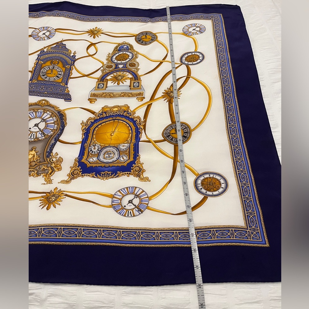 SCARF Square Unsigned Classic Clock Pattern Navy Gold Cream Timeless Chic - Picture 14 of 16